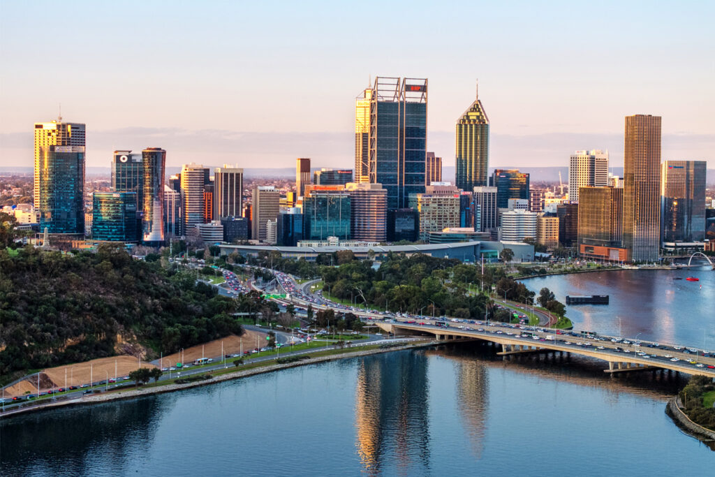 Perth CBD skyline, a short drive from Base Camp Vic Park